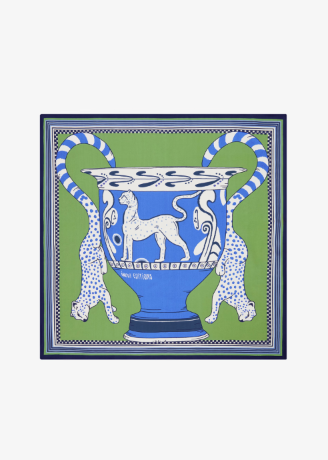 A square art print featuring a blue and white classical-style urn with two spotted white lions on a green background, bordered by a dark blue frame, shown against a light gray background.