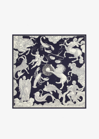 A square textile or print featuring an ornate zodiac-themed illustration in light cream on a dark navy background, centered on a plain white backdrop.