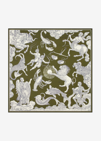A square silk scarf featuring an intricate zodiac and mythological pattern in cream and white on an olive green background, displayed flat against a light gray backdrop.