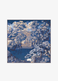 A square decorative scarf featuring a classical landscape scene in shades of blue, white, and gray, with trees, a pond, and a distant building. The artwork is centered on a plain white background.