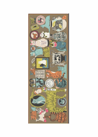 A rectangular scarf featuring a whimsical collage of illustrated animals and objects in muted earthy tones, including cats, tigers, birds, and circular motifs on a taupe background.
