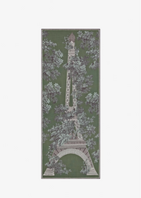 A vertical rectangular scarf featuring a detailed illustration of the Eiffel Tower surrounded by dense foliage, set against a muted olive green background with a white border.
