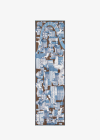 A rectangular scarf featuring an abstract collage-like pattern in blue, white, and brown, centered on a light gray background.