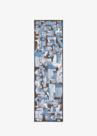 A rectangular scarf featuring an abstract collage-like pattern in blue, white, and brown, centered on a light gray background.