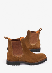 A pair of brown suede Chelsea boots with elastic side panels and black lug soles, photographed on a clean white background.