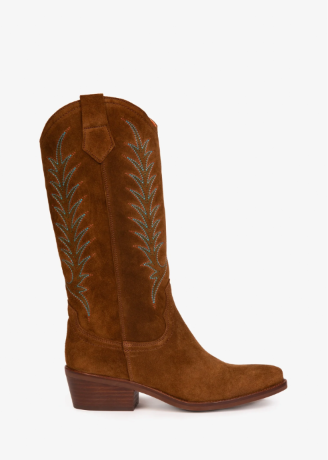 A single brown suede cowboy boot with embroidered leaf patterns on the shaft, shown in profile against a plain white background.
