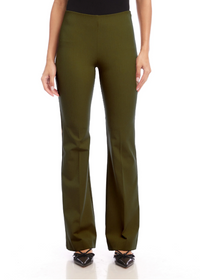 A model wearing olive green wide-leg pants, paired with a black top and black pointed flats, shown from the waist down on a white studio background.