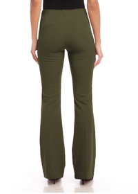 A person shown from the back wearing olive green flared pants and a black top, photographed against a clean white studio background.