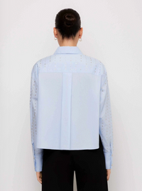 A model shown from the back wearing a light blue long-sleeve blouse with sheer mesh panels and silver rhinestone embellishments, paired with black trousers, against a plain white studio background.