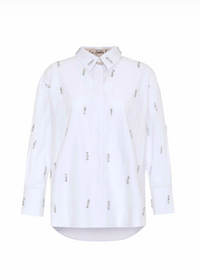 A white long-sleeve button-up shirt with a pointed collar, featuring a subtle all-over repeating pattern of small vertical text and photographed on a plain white background.