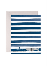 A greeting card with horizontal navy blue and white watercolor stripes, shown with a light beige envelope behind it on a white background. The card features the brand name 'E.