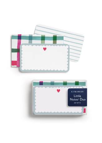 A set of decorative paper notes and matching envelopes from E. Frances' Little Notes Duo, featuring pastel stripes, plaid patterns, and a small red heart on a white scalloped note card.