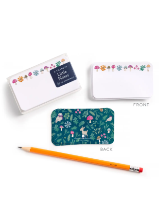 Three images showing both front and back views of a 55 card set of Little Notes. The front features a colorful border of flowers and leaves, while the back displays a dark teal forest pattern with deer, mushrooms, and birds.