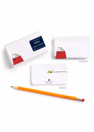 Three images from front, back, and side views showing Little Notes on a white background, with a yellow-orange pencil placed below. The front view shows Snoopy and a red doghouse illustration; the back view shows a small Snoopy graphic; a blue label on the side reads 'Snoopy Notes'.