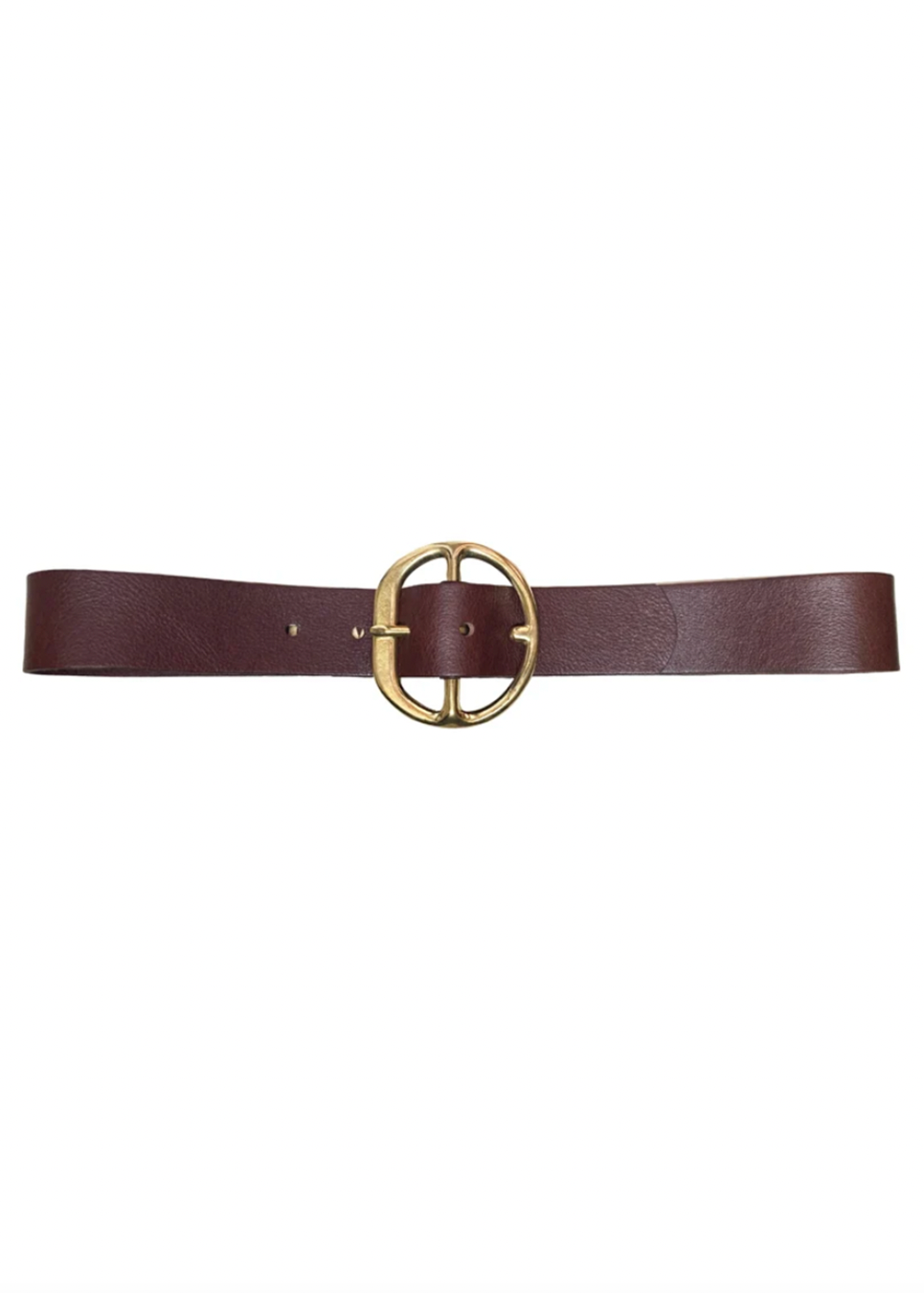 A dark brown leather belt with a gold-tone double-ring buckle, displayed horizontally against a plain white background.