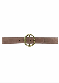 A slim taupe-brown leather belt with a prominent oval gold-tone metal buckle, displayed horizontally against a plain white background.