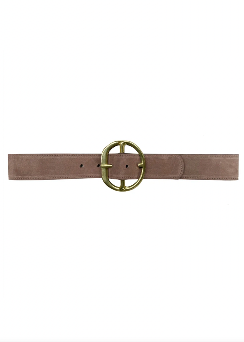 A slim taupe-brown leather belt with a prominent oval gold-tone metal buckle, displayed horizontally against a plain white background.