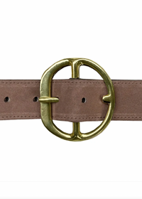 A close-up of a brown suede belt with a large, polished gold-tone double-ring buckle, shown against a plain white background.