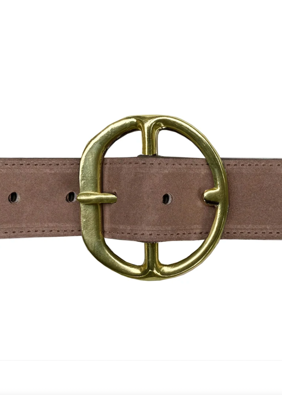 A close-up of a brown suede belt with a large, polished gold-tone double-ring buckle, shown against a plain white background.