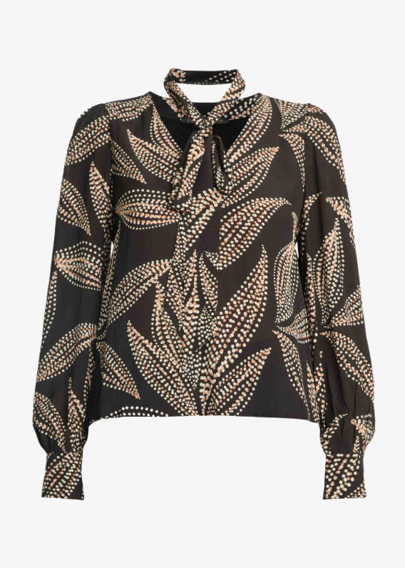 A black long-sleeve blouse with a beige and gold dotted leaf pattern, featuring a high neck with a tie detail and balloon sleeves, shown against a plain white background.