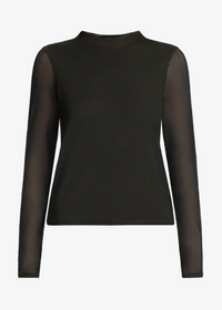 A black long-sleeve mock neck top with sheer mesh sleeves, displayed on a clean white background.
