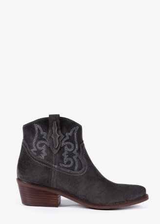 A single dark gray suede western ankle boot with decorative contrast stitching and a stacked brown heel, shown in profile against a plain white background.