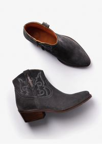 A pair of women's western ankle boots in dark gray suede, featuring decorative silver embroidered stitching on the outer side, a pointed toe, and a low stacked wood block heel, shown on a clean white background.