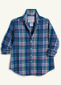 A long-sleeve plaid button-up shirt by Frank & Eileen, featuring a blue, green, and red tartan pattern, laid flat against a light cream background.