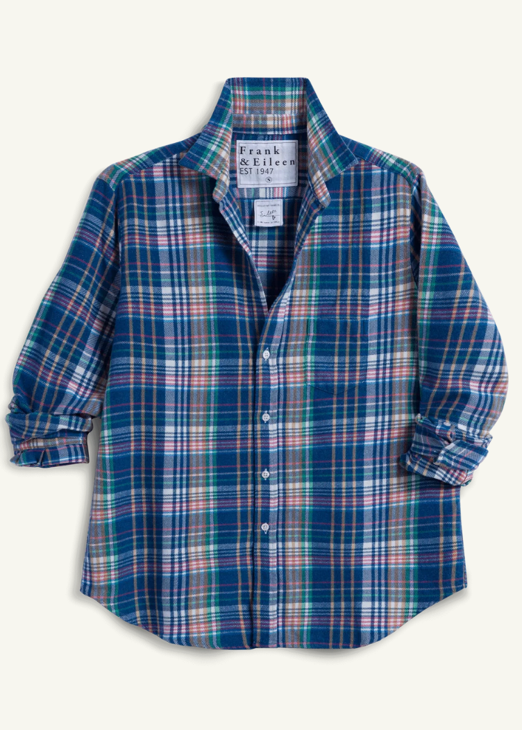 A long-sleeve plaid button-up shirt by Frank & Eileen, featuring a blue, green, and red tartan pattern, laid flat against a light cream background.