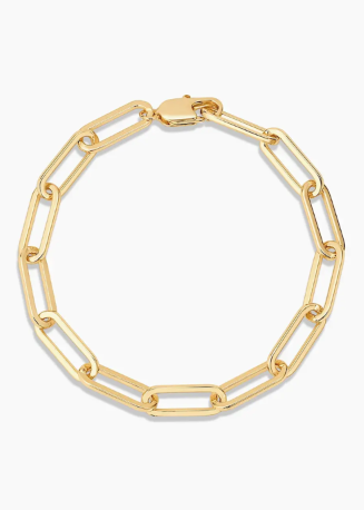 A gold paperclip chain link bracelet with a lobster clasp, displayed on a clean white background.