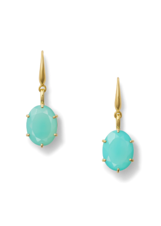 A pair of gold drop earrings with oval light turquoise gemstones, shown on a clean white background.