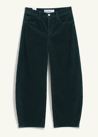 Dark green corduroy pants with a relaxed, wide-leg fit, displayed flat against a light cream background. The brand name 'frank' is visible on the inner waistband label.