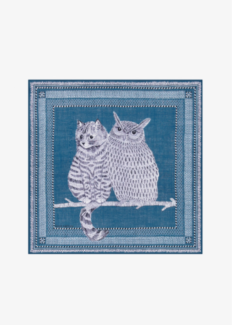 A square scarf featuring a white and gray embroidered-style illustration of a cat and owl on a branch, surrounded by decorative border patterns, shown on a plain white background.