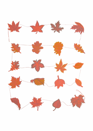 A string garland of autumn maple and oak leaves in shades of red, orange, and brown, displayed against a solid white background.