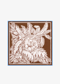 A square decorative print or tile featuring an ornate botanical illustration in warm brown and cream tones, bordered by a thin blue line on a light gray background.