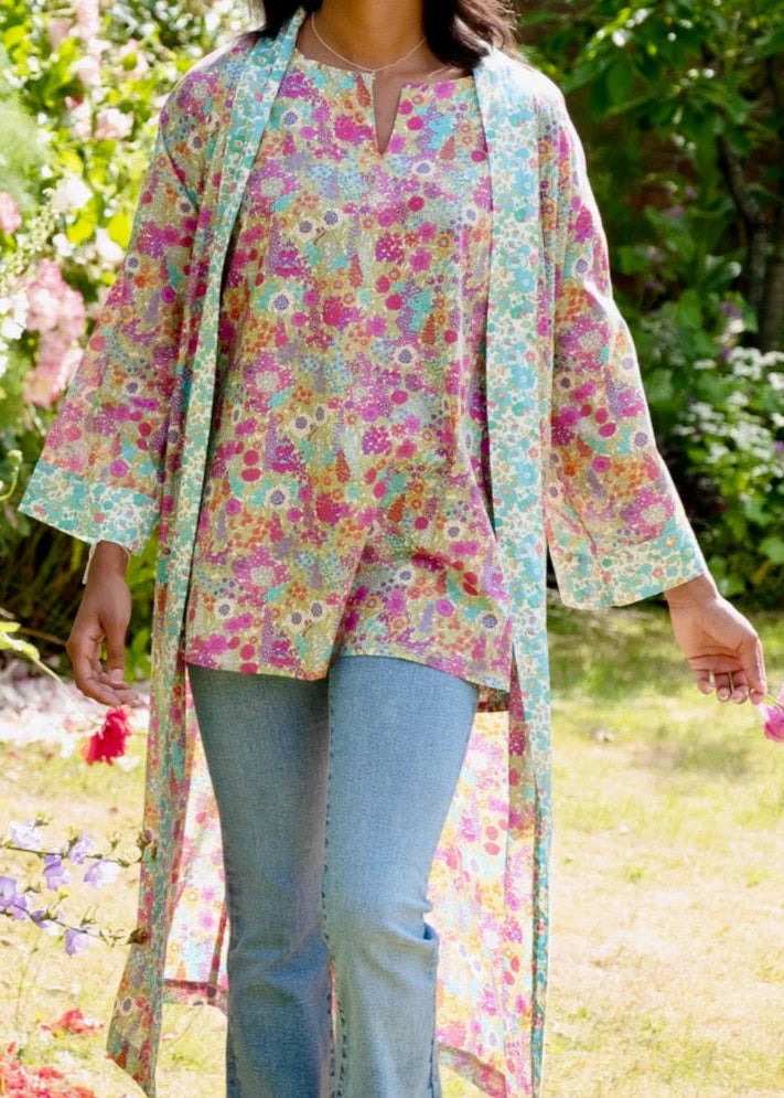 Long Kimono Robe Lime Ciara - Made with Liberty Fabric