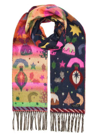 A multicolor patterned scarf with fringe, featuring whimsical illustrations of stars, moons, rainbows, and decorative shapes on a white marble background.