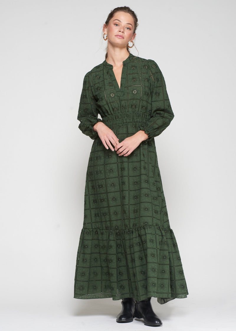 Vilagallo Green Embroidered Maxi Dress