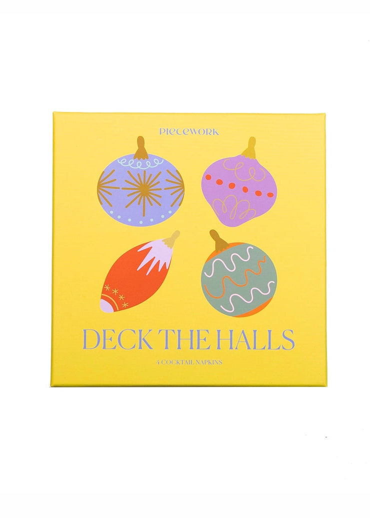 A square yellow box for 'Deck the Halls'  featuring four colorful Christmas ornament illustrations on a clean white background.