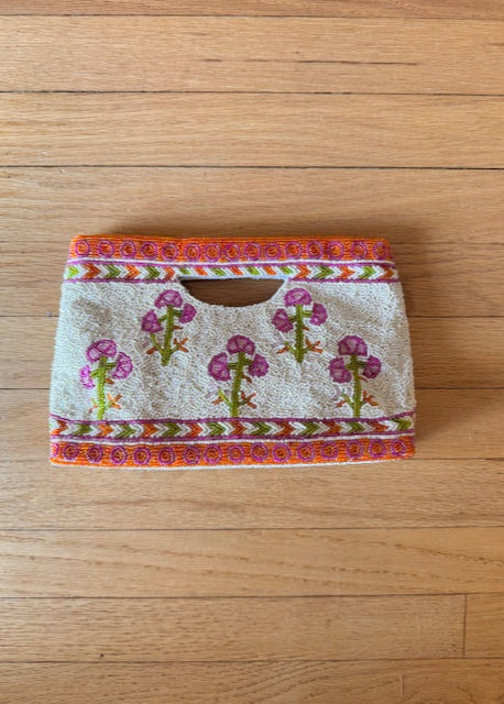 Orange & Pink Block Print Beaded Clutch