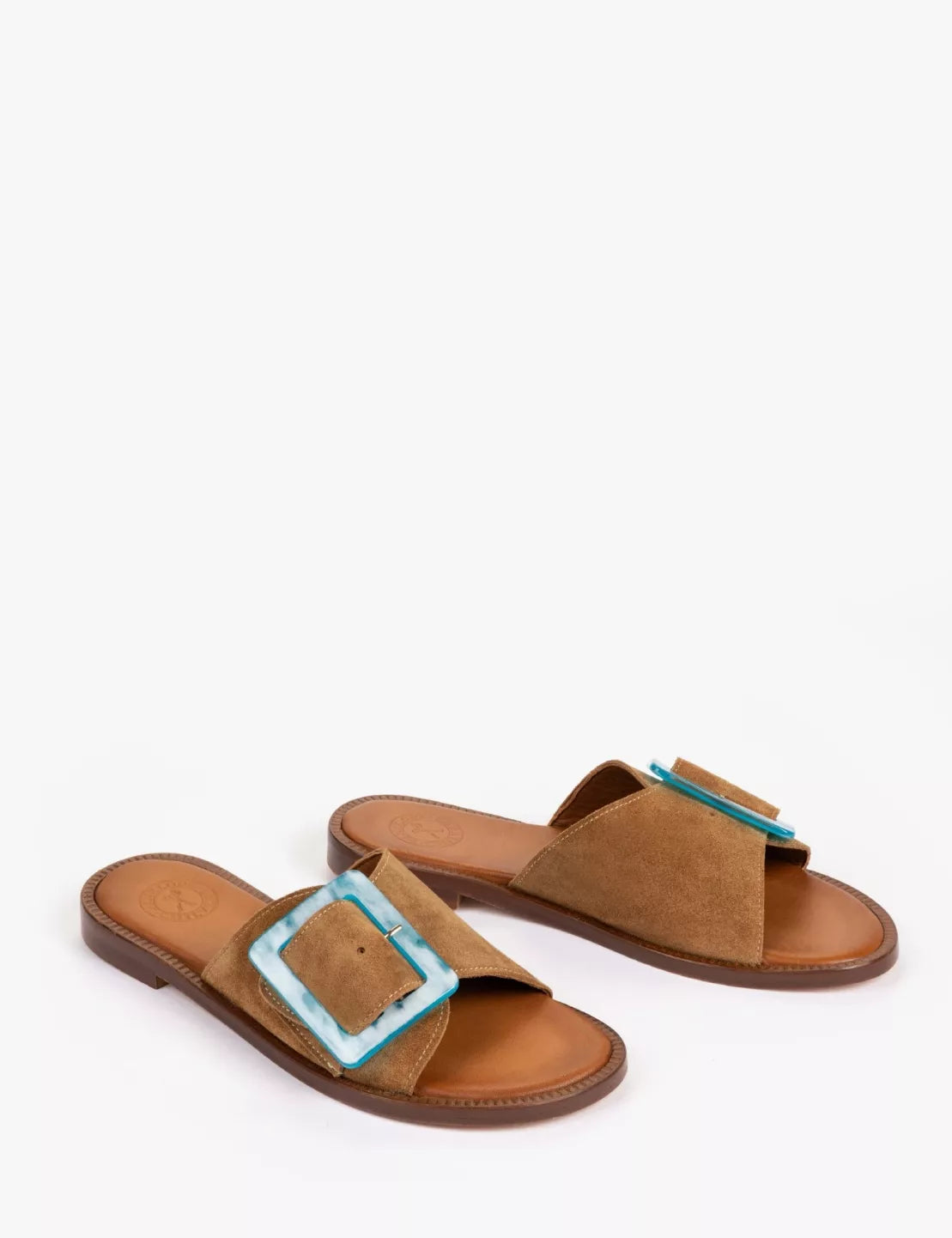 Penelope Chilvers Biarritz Buckle Sandal Tan w/Blue