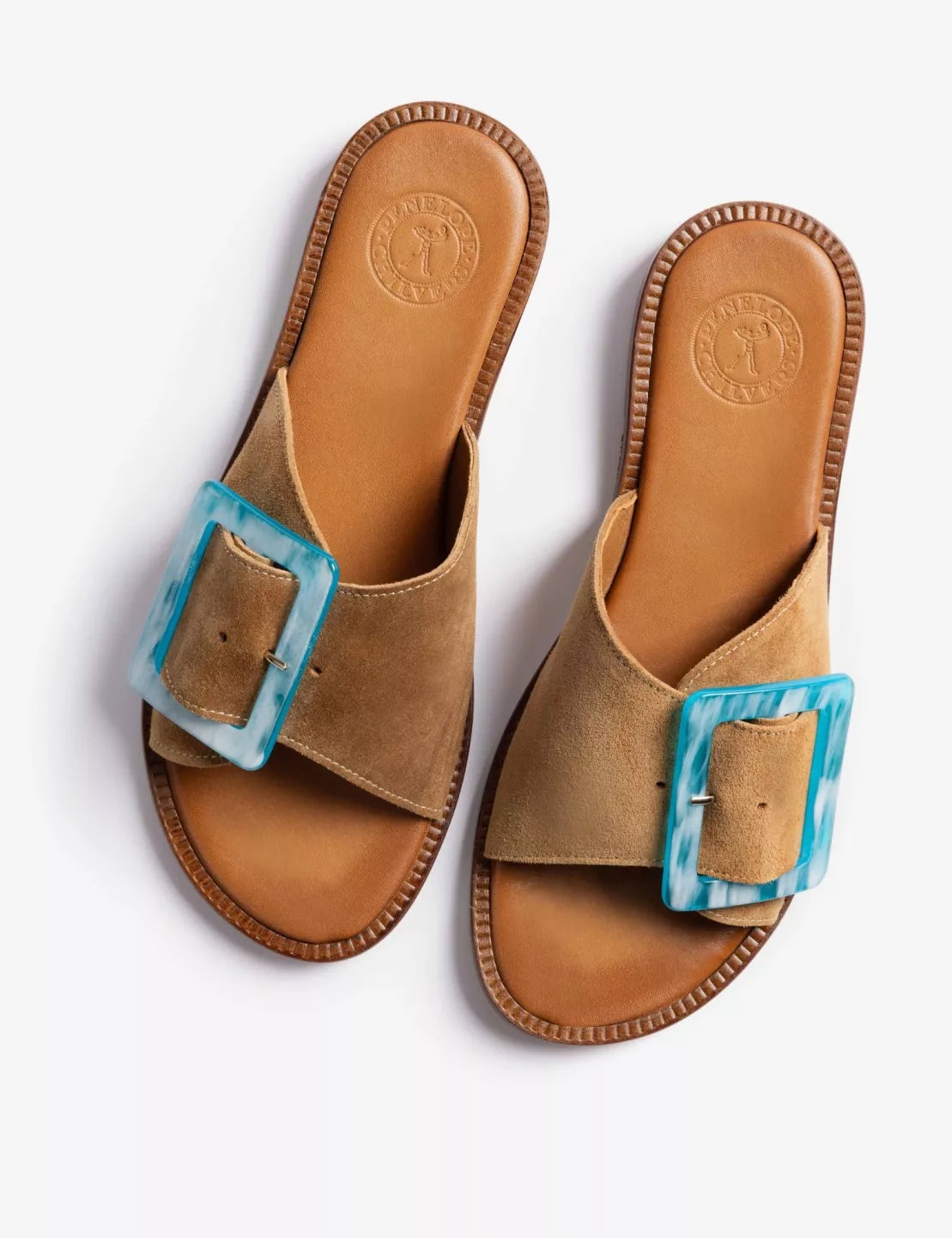 Penelope Chilvers Biarritz Buckle Sandal Tan w/Blue