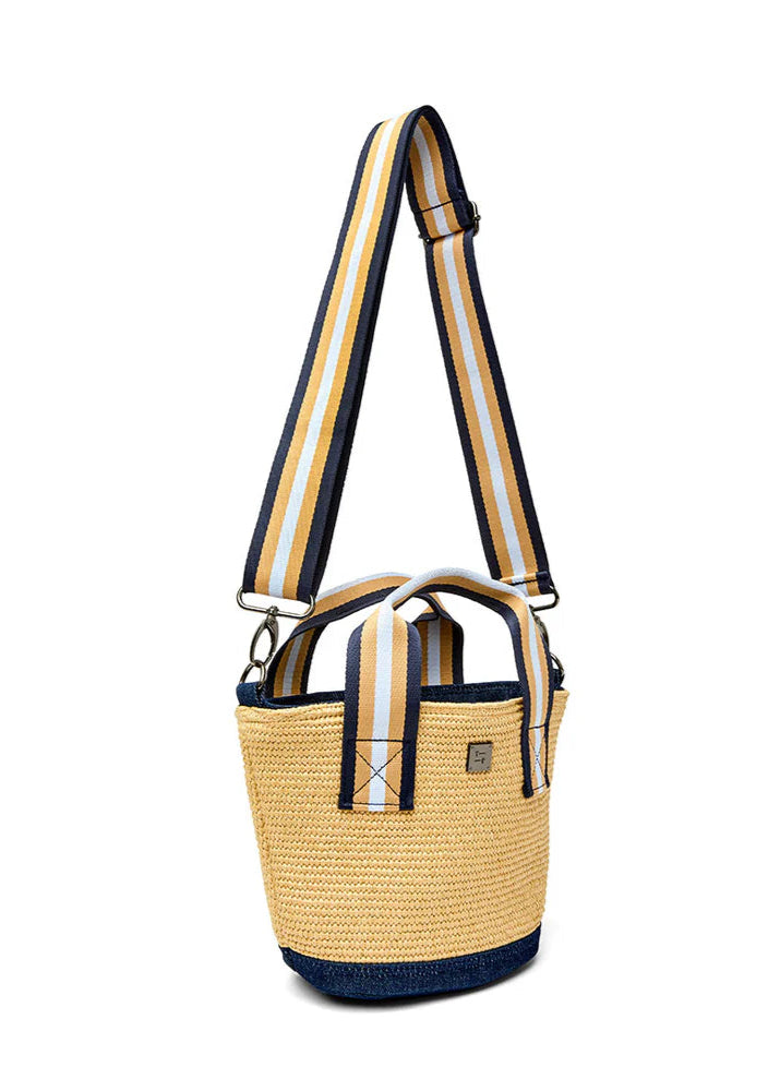 Riviera Bucket Tote (Mini): Dune Raffia w/ Navy