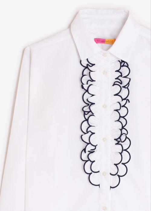 Vilagallo White Navy Ruffle Blouse
