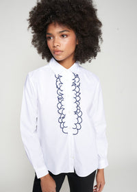 Vilagallo White Navy Ruffle Blouse