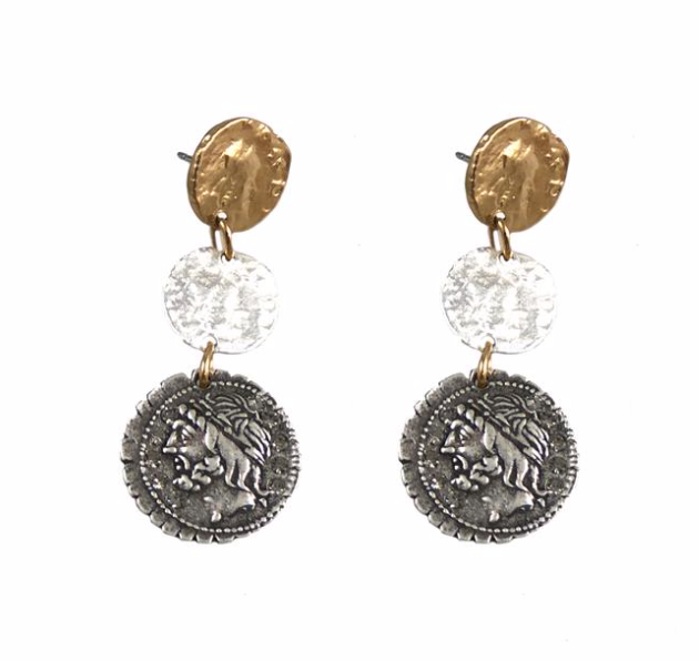 Multi Finish 3 Coin Drop Earrings