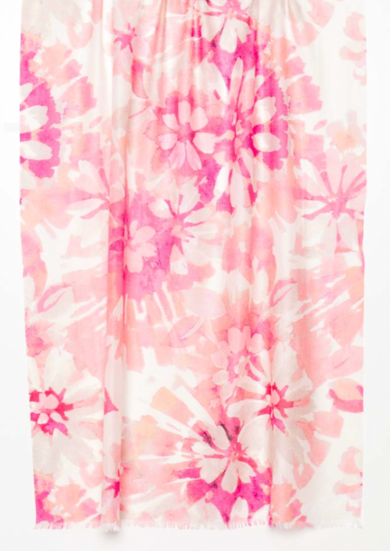 Kinross Cashmere Watercolor Print Scarf in Flamingo