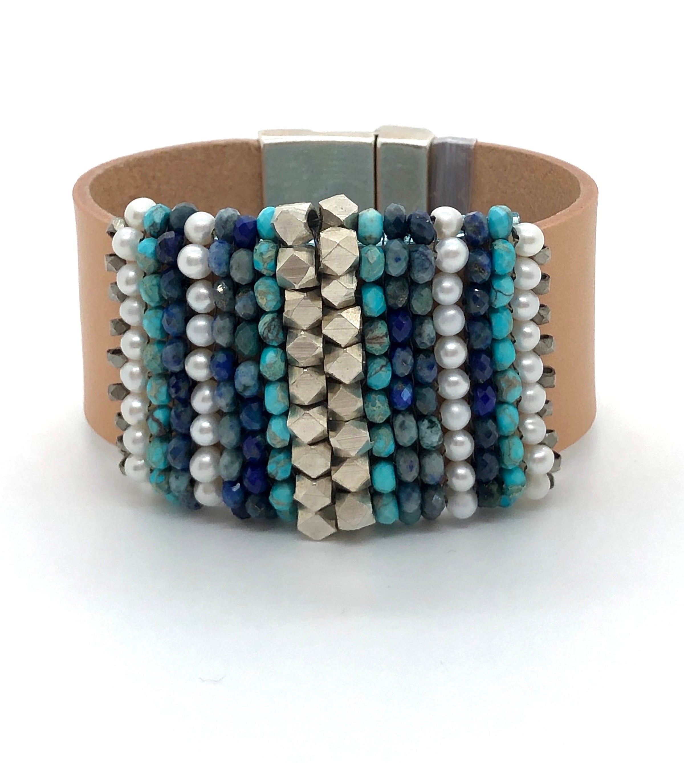 Azurite & Pearl Leather Cuff